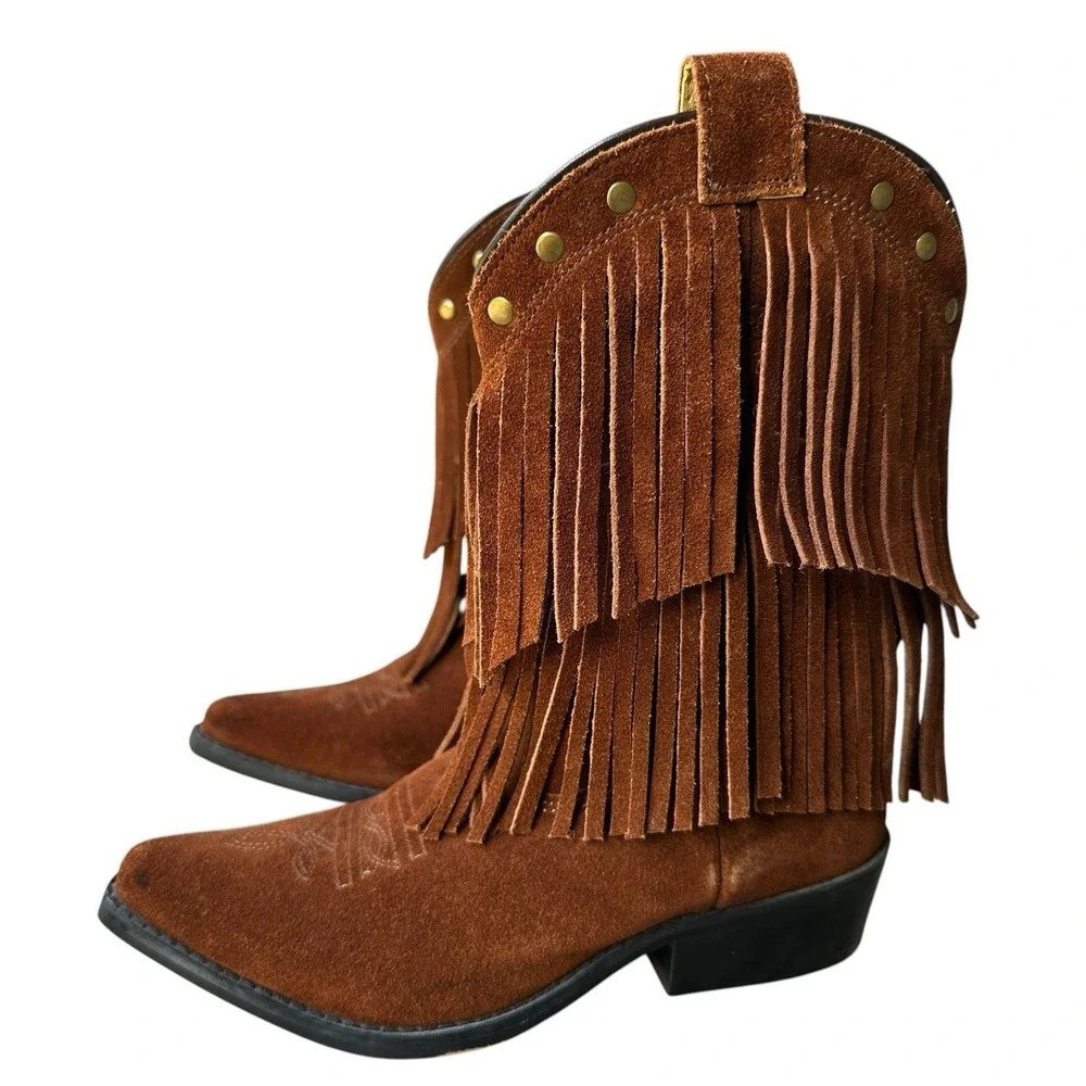 Shyanne Cowboy Boots Girl's Size 2D Double-Fringe Snip Toe Brown Suede Leather